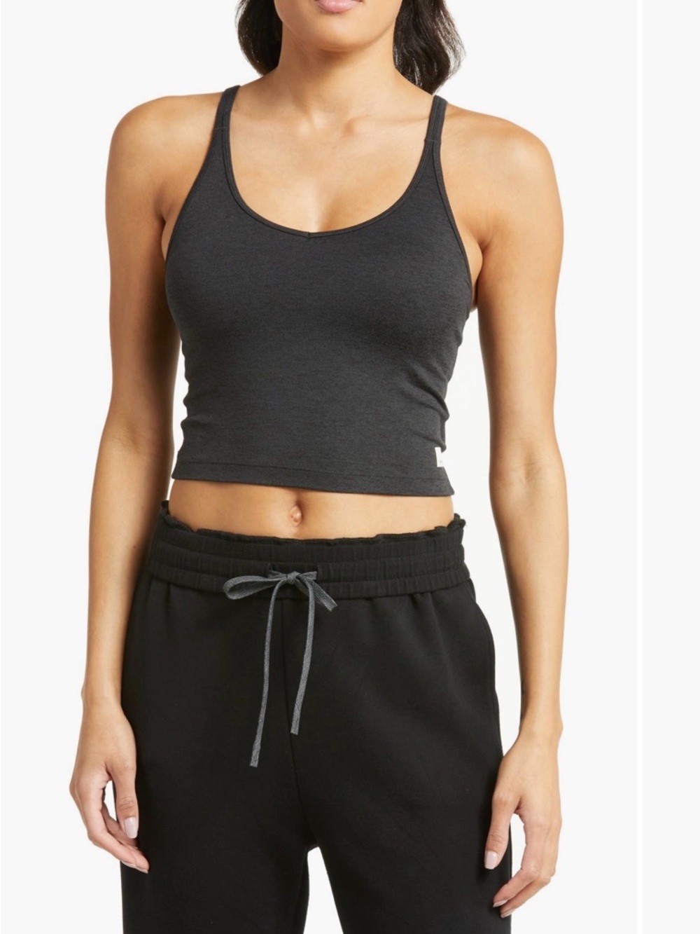 NWT Vuori Halo Performance Black Strappy Cropped Tank in black heather sz large
